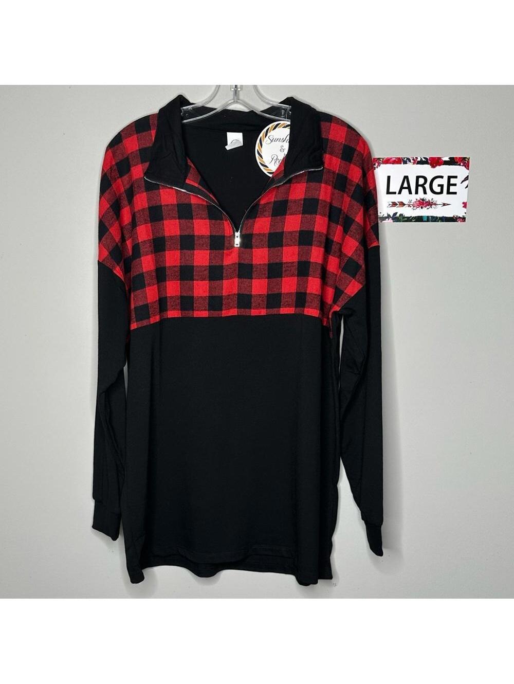 Buffalo Plaid Front zip long sleeve top Large